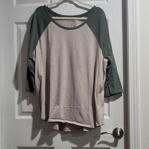 Woman Within Green and Beige Long Sleeve Tee